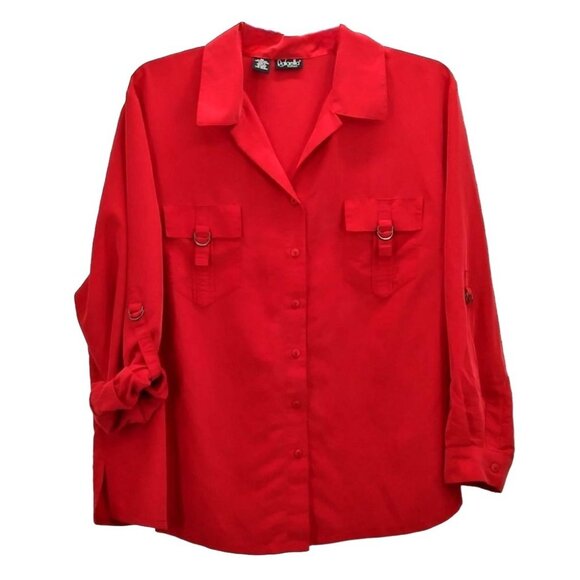 Rafaella Plus Size 3X Top Red Button-Down Shirt Adjustable Sleeves Front Pockets - Picture 2 of 8
